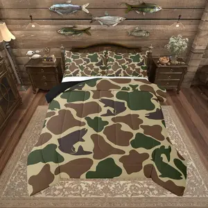 Feelyou Camo Army Bass Fishing Bedding Set - Comfy, Breathable, Decorative Bedroom Bedding Set with Brown Green Quilt, Wild Animal & Farmhouse Camouflage Design, Comfy Bedding Set