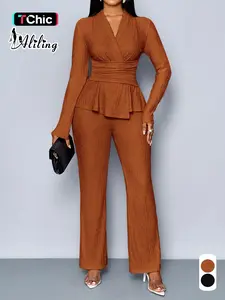 Aliling Casual Women's Two-Piece Set Elegant Chic Suit Womenswear V Neck Long Sleeve Slim Fitted Top Matching High Waist Wide Leg Pants Daily Wear Clothing Fabric
