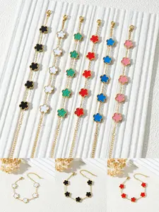 Stainless Steel Five-Leaf Flower Bracelet, Fashionable 18k Gold Plated Jewelry, Perfect Gift for All Seasons, Unisex Casual Style