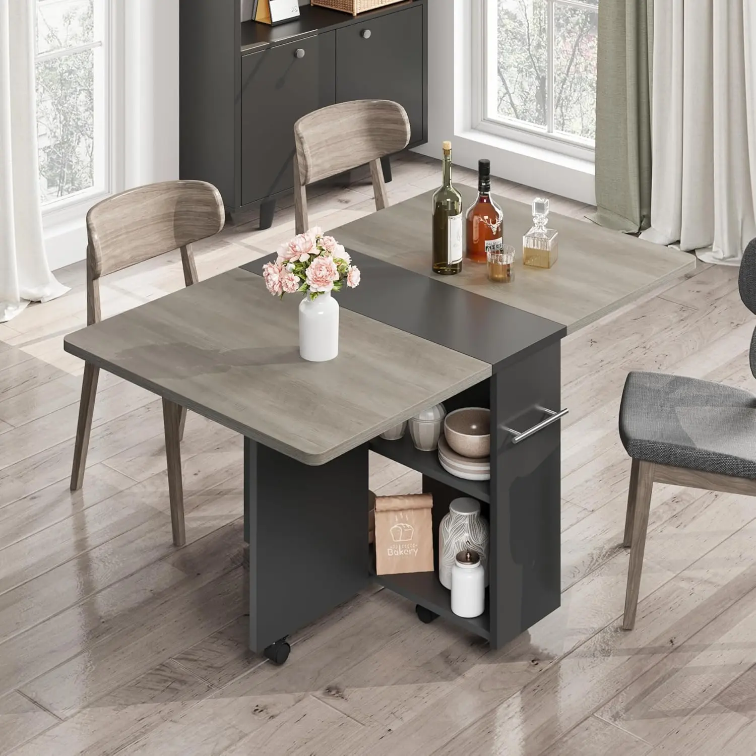 Garvee Space-Saving Extendable Kitchen Table for 4 Folding Dining Table with Drop Leaf, 2-Tier Storage Shelf & 6 Lockable Wheels – Compact Farmhouse Wood Table for Small Apartments, Oak