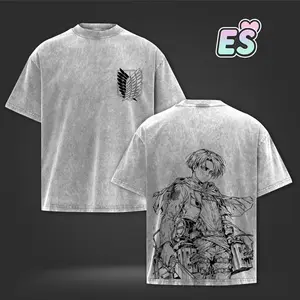 [ES] Levi Ackerman Attack on Titan Anime Vintage Washed Oversize Heavyweight Cotton Graphic T-Shirt | Scout Regiment Captain Tee