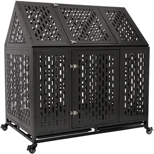 44 Heavy Duty Dog Crate Large Dog Cage Strong Metal Dog Kennels And Crates For Large Dogs Top Open With 2 Doors 4 Lockable Wheels 2 Removable Trays