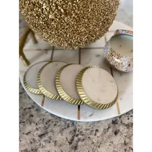 Quinn gold edge detailed 4" marble coaster (Set of 4)