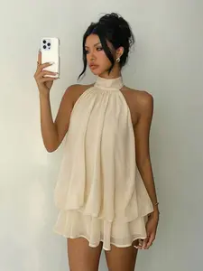 Women's Mini Dress, Chiffon Elegant Ruffled Butter Spaghetti Strap Sleeveless Belted Mini Dress, Summer Party Dress, Beach Vacation, Womenswear