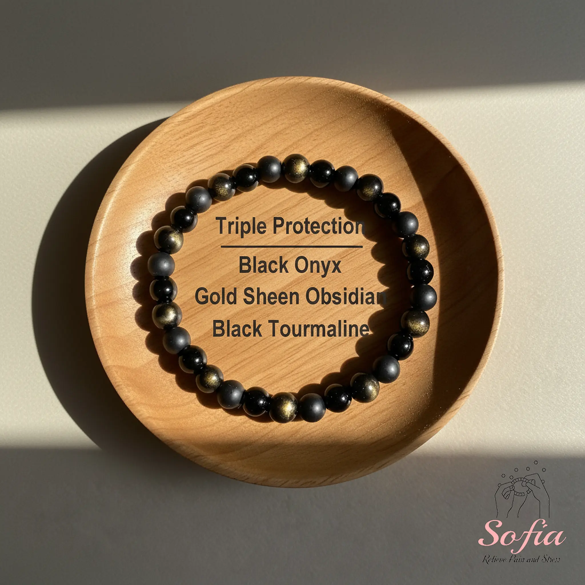 Sofia Triple Protection Bracelet 6mm Black Gemstone Stretch Healing Boho Style Adjustable Bangle for Daily Use Handmade Gift for Her Him