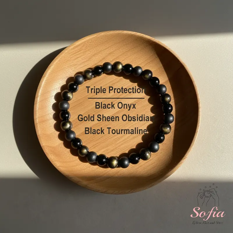 Sofia Triple Stones Stretch Bracelet - 6mm Black Gemstone, Boho Style, Adjustable Elastic Stretch Cord, 6.5-7 Inches, Handmade Daily Wear Natural Crystal Jewelry Gift for Her, Bracelets