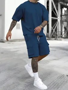Men's Solid Color Tee & Drawstring Waist Shorts Loungewear, Casual Comfy Round Neck T-shirt & Pocket Shorts Pj Set, Men's Sleepwear for Summer, Pajama Set