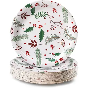 MATICAN Party Paper Plates, 50-Pack Disposable Paper Plates Christmas Party Supplies, Christmas Holly Design, 9-Inch Dinner Plates