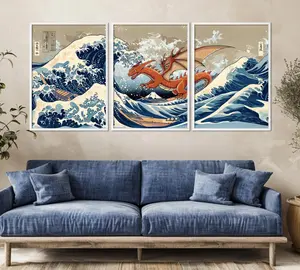 Charizard On The Great Wave Set Of 3 Posters: Japanese Tapestry Style Pokemon Anime Poster - Printable Wall Art For Bedroom And Home Decor