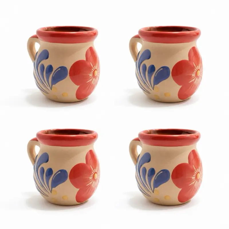 Mexican Pink Talavera 4pc Feathered Coffee Mugs 4 Tazas Rosas de Barro Mexicano Handmade Talavera Jarritos Plumeado 12oz Reusable Hot Cold Drinks Party Favors Gifts