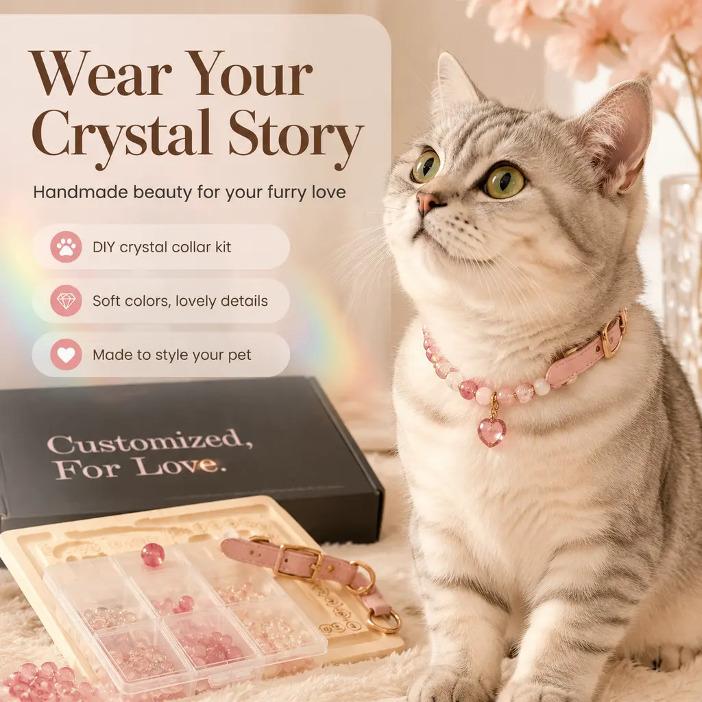 Handcrafted Crystal Pet Necklace DIY Kit Adjustable PU Collar Base Colorful Beads Charms Craft Box Ideal Holiday & Birthday Gift for Dog Cat Owners