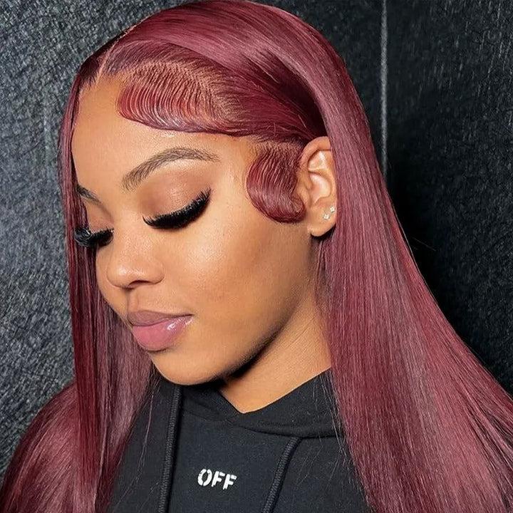Human Hair 99J Burgundy Straight 13x4 Lace Frontal Wig Pre Preplucked Red Wine Transparent Lace Front Wigs For Women 150% Density