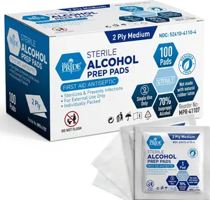 MED PRIDE Sterile Alcohol Prep Pads, Antiseptic, Individually Wrapped, Medical Grade, Latex Free, 2 Ply, 100 Count