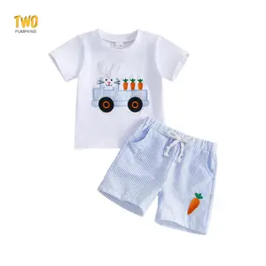 Kids Boys Easter Shorts Sets Short Sleeve O Neck Carrot Bunny Truck Embroidery Tops And Striped Shorts