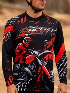 Motorcycle Off-Road Long Sleeve Shirt, Sporty Style, Random Print Design, Moderate Fabric Thickness, Fitted All Season Wear, Athletic Sports Clothing
