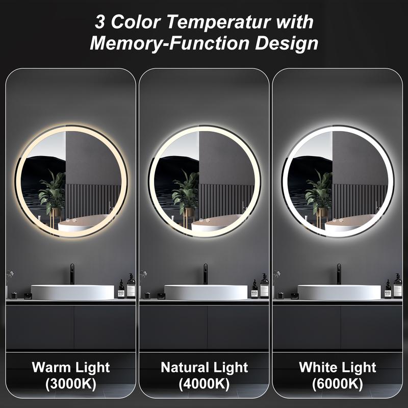 【Valentine's Day Gifts】Round LED Bathroom Mirror with Lights, Circle Vanity Mirror with Anti-Fog, Dimmable, 3-Color Light, Memory Function, Tempered Glass