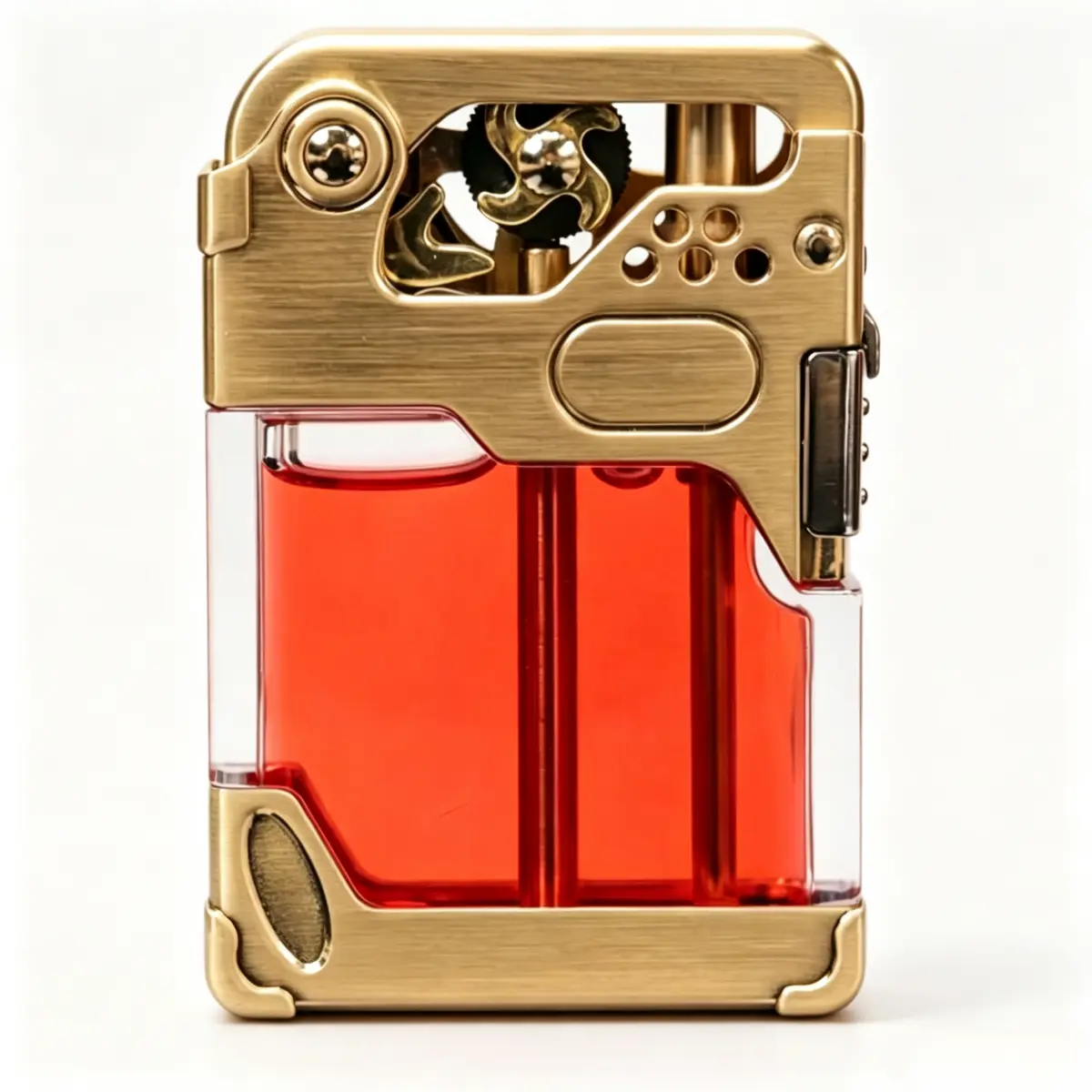 Vintage Durable Metal Lighter for Men, Mini Pocket-Carry Collectible-Style Retro Refillable Lighter with Wind Wheel Ornaments, Visible Chamber, Semi-Auto Ignition, Camping Outdoor Accessory, Ideal Gift