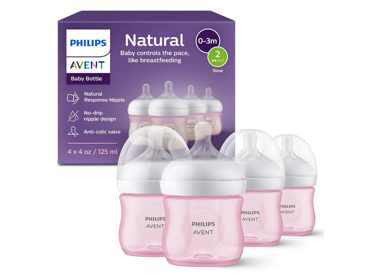 Philips Avent Natural Baby Bottles with Natural Response Nipples (Slow Flow, Flow 2), 4oz, Pink, 4-pack, SCY900/14