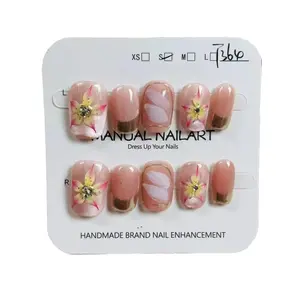 E105 Hand painted flowers New French petals removable press on nails acrylic  press  nails