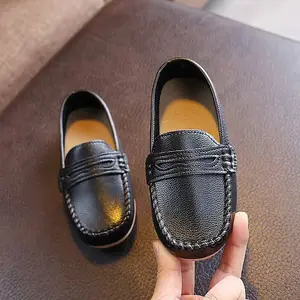 Boys' Classic Slip-On Loafers - Breathable Black & Tan Casual Shoes with Elastic Sides, All-Season Comfort for Weddings, Campus & Casual Attire - Durable PVC Sole & Fabric Lining Kids' Moccasins Flats, Boy Shoes, Sleek Kids' Footwear, School Shoes, Elegan