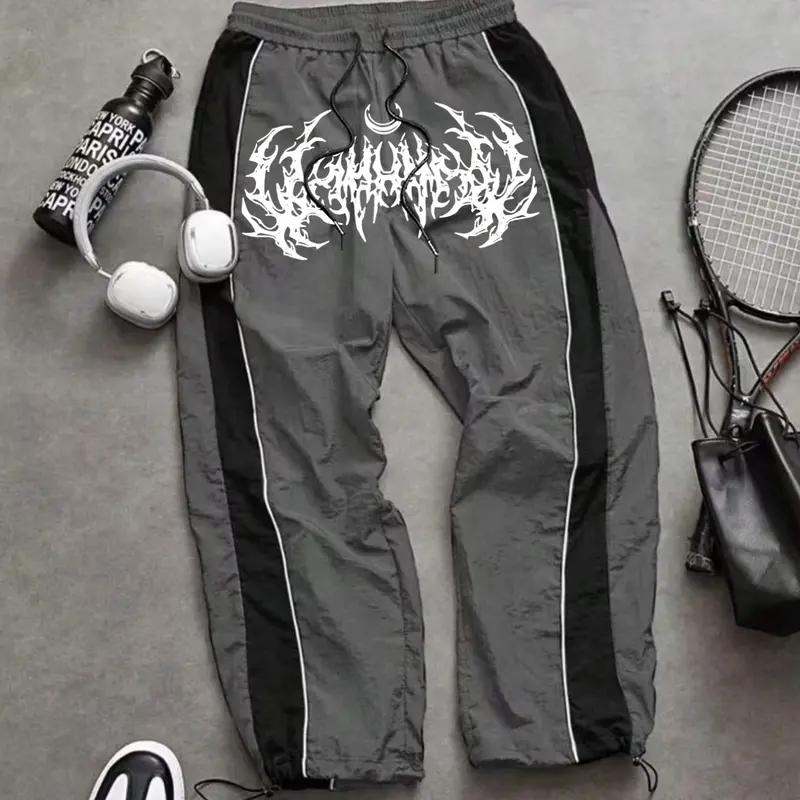 Men's Fashion Print Casual Outdoor Pants, Loose Fit Gym Shorts, Waist Drawstring, Elastic Cuff Design, Nylon Fabric, Lightweight Comfort, Active Athletic Bottoms