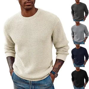 2026 Fashionable Men's Pullover Sweater Acrylic Knitwear Round Neck Long Sleeve Loose Fit Youth Tops White Beige Black - Fabric