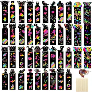 48 Pcs Animal Scratch Art Bookmark Kit with 16 Wooden Styluses & 48 Satin Ribbons for Kids Magic Rainbow DIY Craft Set for Creative Fun
