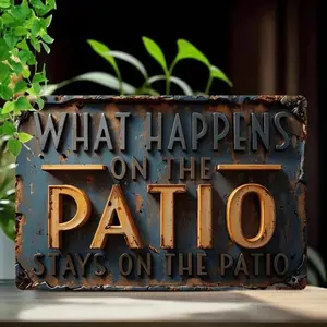 Vintage Metal Patio Sign: "What Happens On The Patio Stays On The Patio" - 11.8x30cm, Vintage Plaque Decor. Rustic wall art for outdoor space, living room, bedroom, kitchen, bathroom, or office.