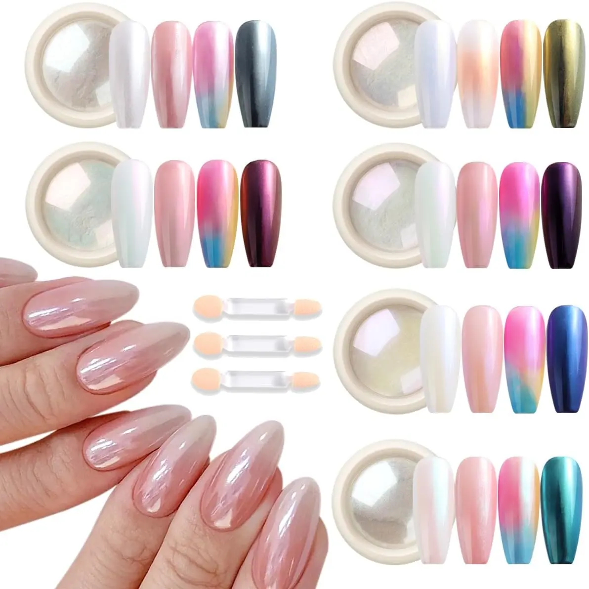 White Chrome Nail Powder - 6 Pieces Round Mirror Shine Metallic Rubbing Pigment Dust, Glazed Donut Nail Art Pearlescent Glitter Manicure Decor, Six Pieces