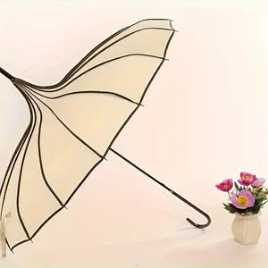 Fashion Pagoda Umbrella with Lace Trim - 16 Rib Iron Frame, Manual Open, Water-Resistant Pongee (190T) Canopy, Stylish Curved Handle for Bridal Photography and Everyday Use