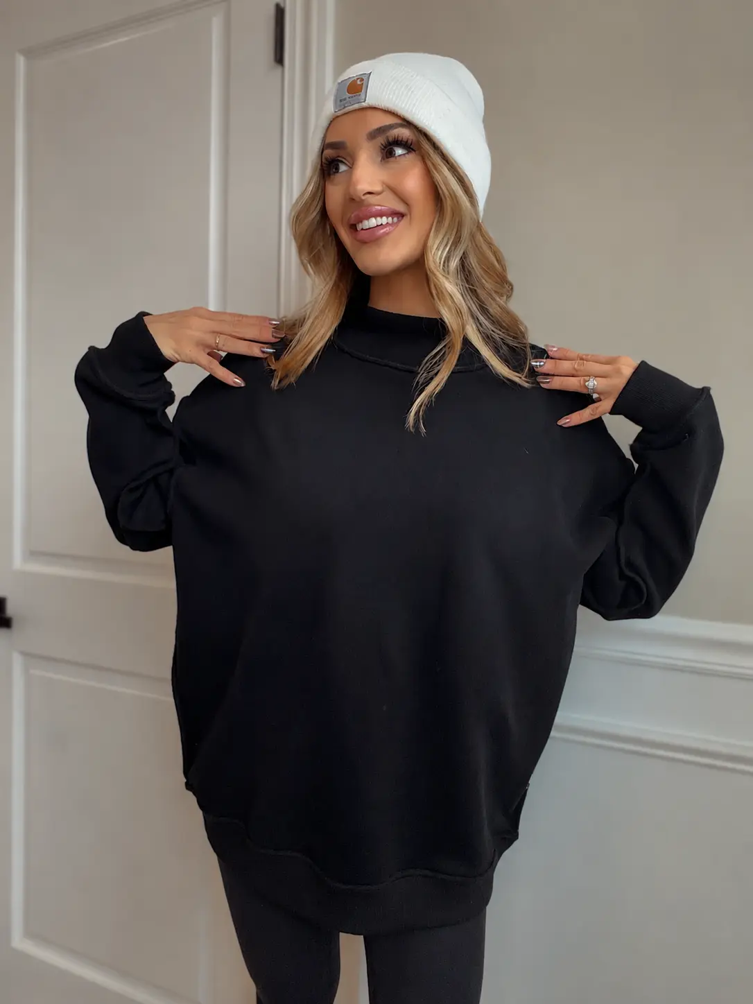 Women's Tilly Black Reversible Oversized Mockneck Hoodie - Denim Fabric, Fits Everyday Wear, Basic