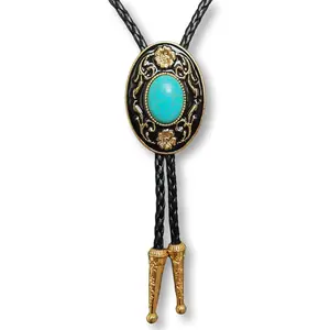 L-NKL021 Turquoise Agate Granite BOLO Tie for Men Women Leather Wedding Necklace Western Cowboy Necktie