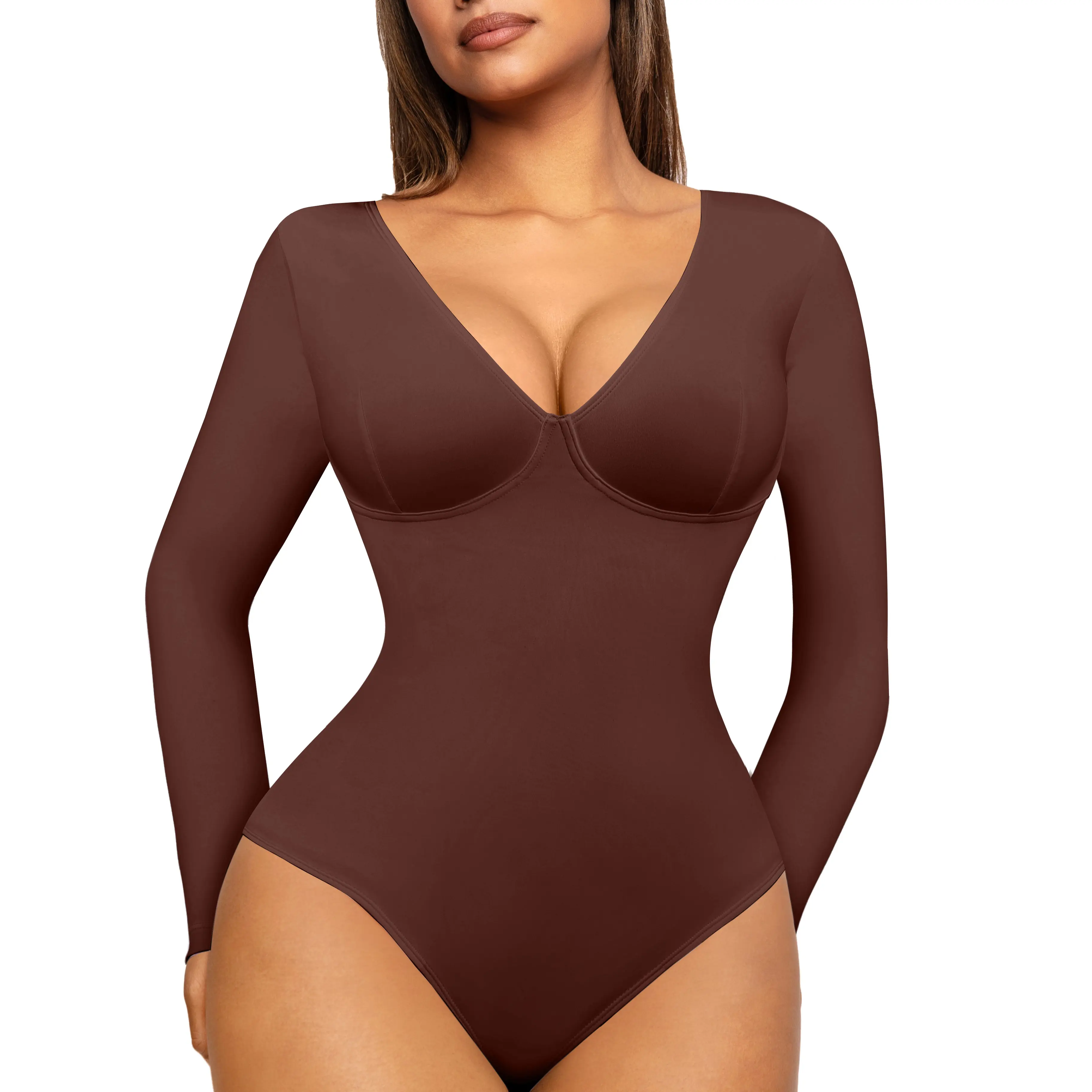 Long Sleeves Deep-V Neck Brown