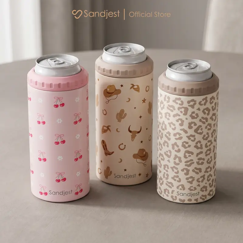 SANDJEST Skinny Can Cooler for 12oz Slim Cans, Standard Cans, Beer Bottles, Insulated Stainless Steel Drink Holder for Beer, Soda, and Energy Drinks, Works as A Open Cup, Ideal for Travel Outdoor Camp Birthday Christmas Gift