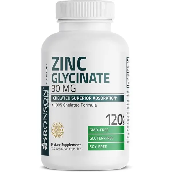 Bronson Reliable Chelated Zinc Glycinate Vitamin Capsules, 30mg Dietary Supplement - Superior Absorption, Non-GMO, GMO Free Edible Formula