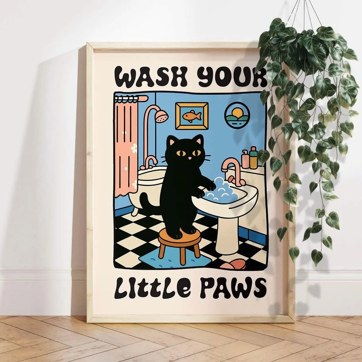 Cute Black Cat Bathroom Wall Art Funny Kawaii Poster Kids Room Decor Print W