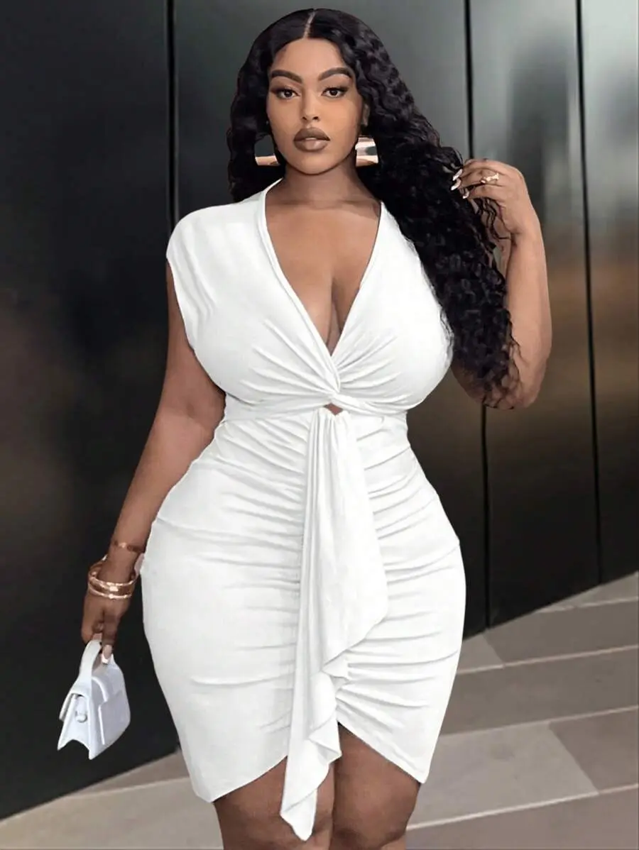 Plus Size Elegant White Summer Mini Dress,Women's Party Night Out Club Fitted Solid Graduation Dress With Front Twist,Tuck Pleated & Waist Tie
