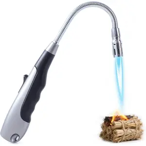 Butane Lighter Long Jet Lighter, Refillable, 360° Neck, Windproof Jet, Visual Fuel Window, for Fireplace Grill BBQ Camping Candle(No Butane Included)