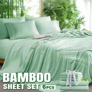 OS OMYSTYLE 6PCS Bamboo Blend Bed Sheet Set-Flat Sheet, Fitted Sheet and 4 Pillowcases, Luxury Breathable Sheet Set, Ultra Soft Sheet for Hot Sleepers, Deep Pocket, King/Queen/Full/Twin
