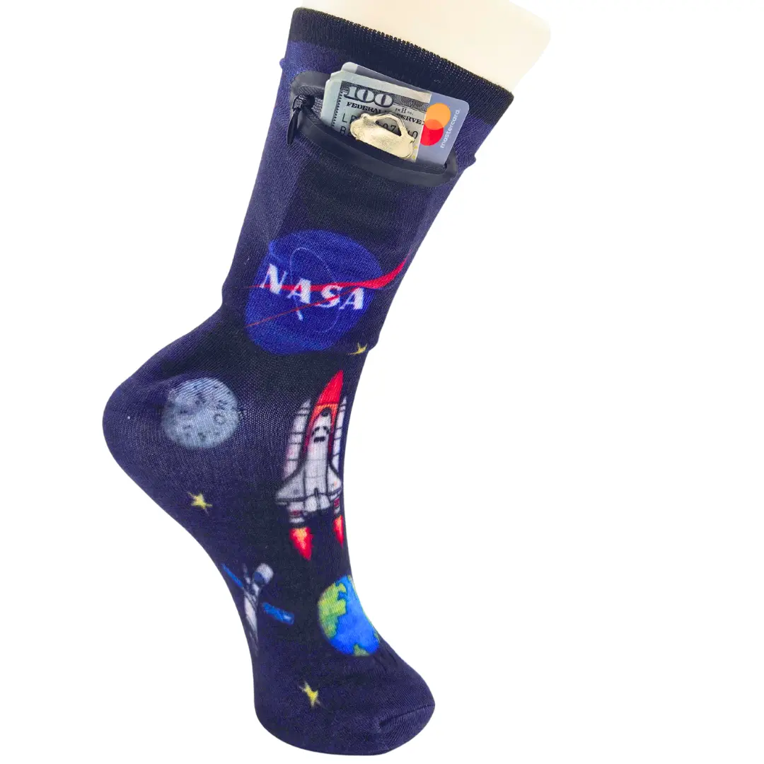 Flippysox Zipper Sock Wallet - Cotton & Polyester Zipper Socks with Pockets - Fits shoe size 6-13 (NASA)