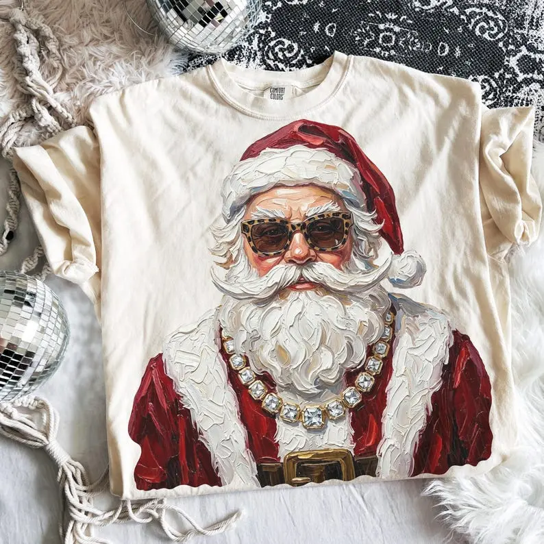 Comfort Colors Glam Santa Bling Shirt, Boujee Leopard Print Christmas Graphic Tee, Cute Preppy Santa T-Shirt, Sparkle Holiday Apparel, Festive Gift