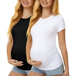 MIRAZEN 2 Pack Maternity Shirts for Women – Crew Neck Maternity Top Short Sleeve Side Ruched Pregnancy