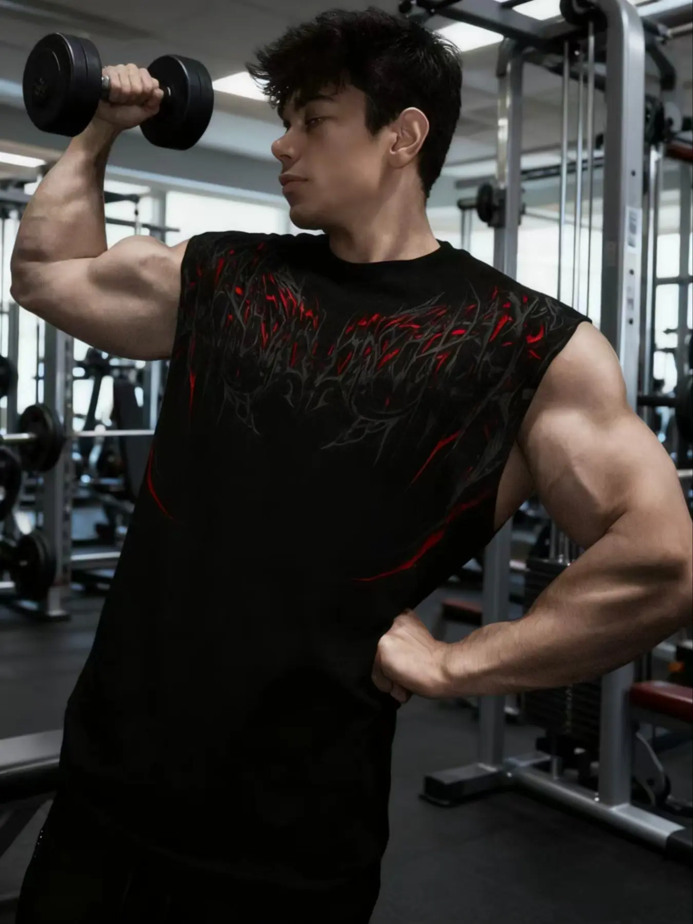 Explosive Muscle Style! Dark Flame Print Sleeveless T-Shirt, Fitness Trendy Men's Sports Vest, Essential Power, Sleeveless Gym Tops, Workout Gym Clothing, Gym Workout Wear, Gymwear, Fitness Apparel, Gym Clothes Workout