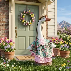 Porch Goose Outfits - Pink Rose, Tulip, Floral Pattern Goose Outfits with Hat for 23" Goose Statue - Retro Style Straw Hat Braids Dress Yard Holiday Outdoor Garden Decor Goose Cloths Costume Patio Lawn Art Decoration