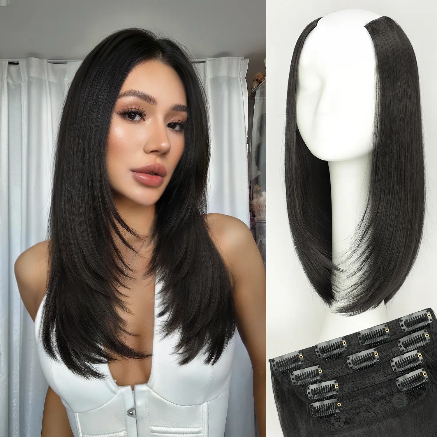 KooKaStyle 4PCS Clip-In Hair Extensions Full Set, Layered Face-Framing Straight Synthetic Hair for Natural-Looking Volume