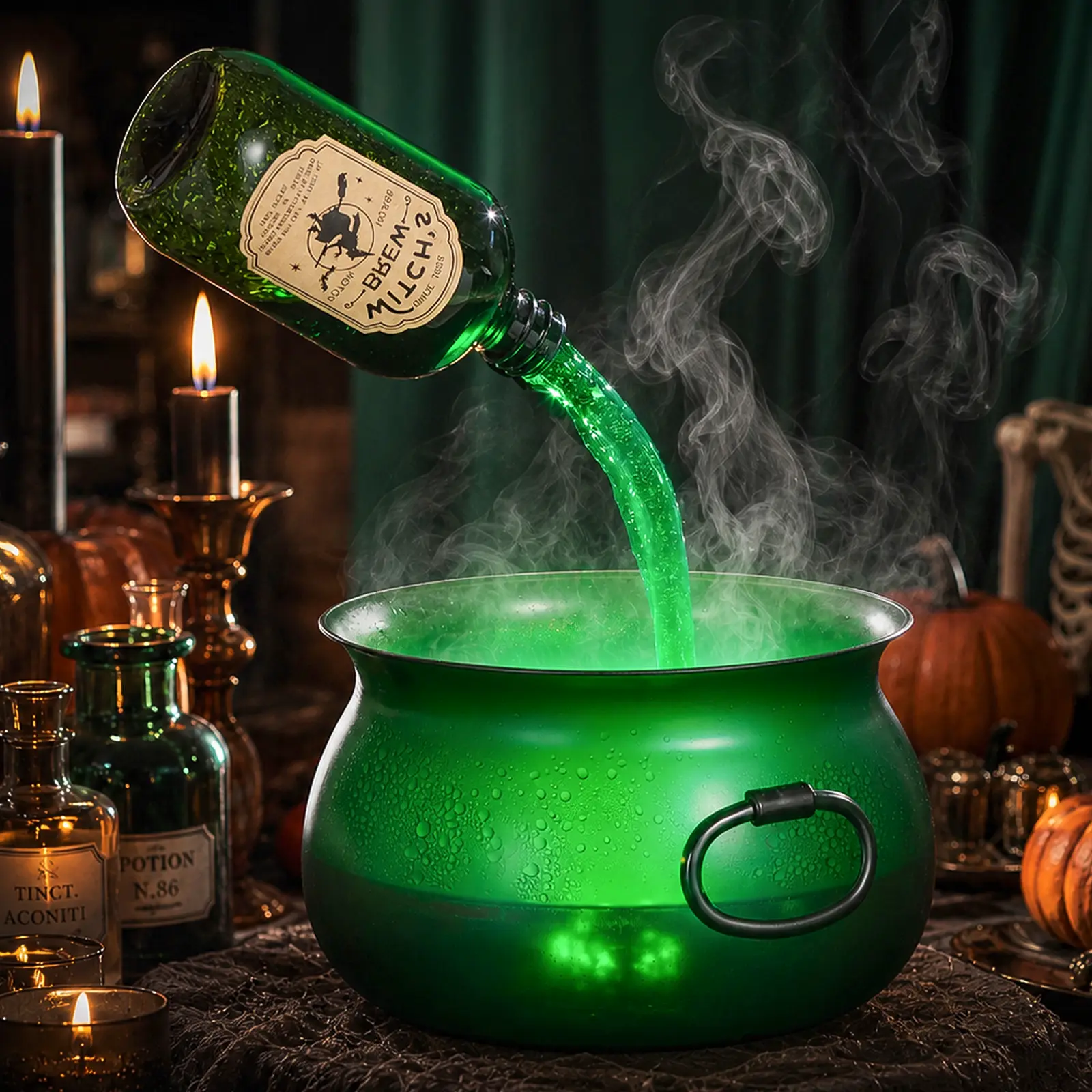 Floating Potion Bottle Witch Cauldron Halloween Indoor Decor, Levitating Magic Brew Cauldron, LED Green Glow Halloween Table Centerpiece, Vintage Spooky Ornament For Mantel Kitchen, Halloween Party Haunted House Decor
