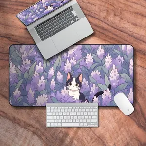 Pastel Purple Lofi Desk Mat, Anime Cat Aesthetic Gaming Mouse Pad, Cozy Gamer Girl Desk Decor, Kawaii Deskpad, Desk Mat Gifts