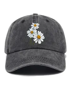 Trendy Daisy Print Washed Soft Top Sun Hat, Unisex Casual Fitted Baseball Cap, All Seasons Versatile Floral Pattern