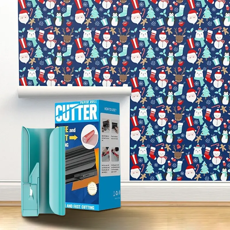 Christmas Wrapping Paper Cutter and Slider Tool Set – Ideal for Holiday Gift Packing, Crafting, and Birthday Wrap Rolls – Includes 2 Replacement Blades (Blue) for Effortless Festive Wrapping