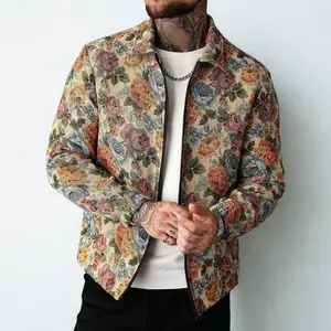 Men’s Vintage Oil Painting Rose Jacquard Jacket — American Streetwear Style, Turn-Down Collar Zip-Up Outerwear